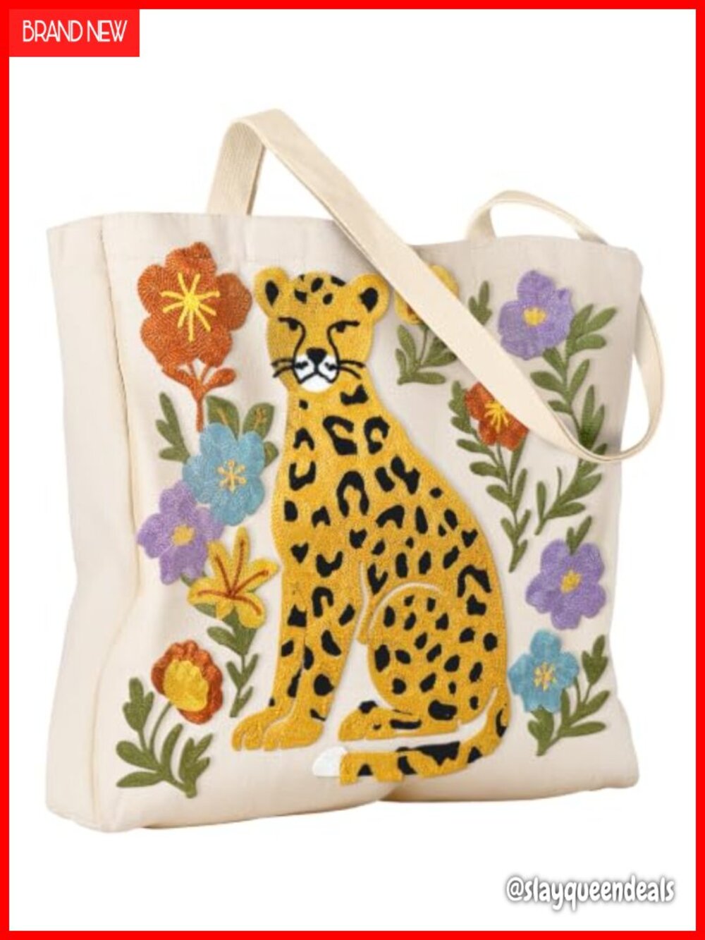 Embroidered Canvas Tote Bag with Magnetic Closure, Durable Shoulder Bag